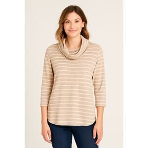 Croft & Barrow Tan White Stripe Cowlneck 3/4 Sleeve Top - Size Large NWOT